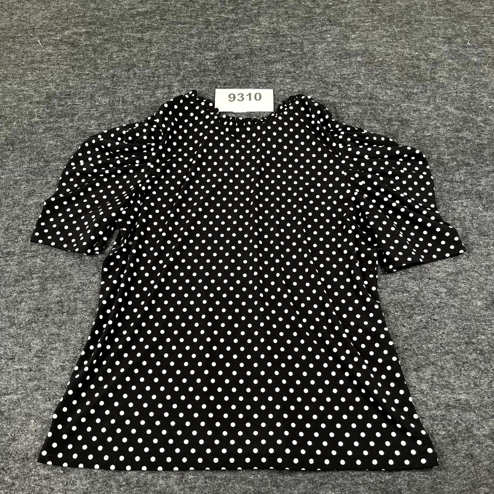 CeCe Blouse Top Womens Medium Black White Polka Dot Ruffle Mock Neck Keyhole